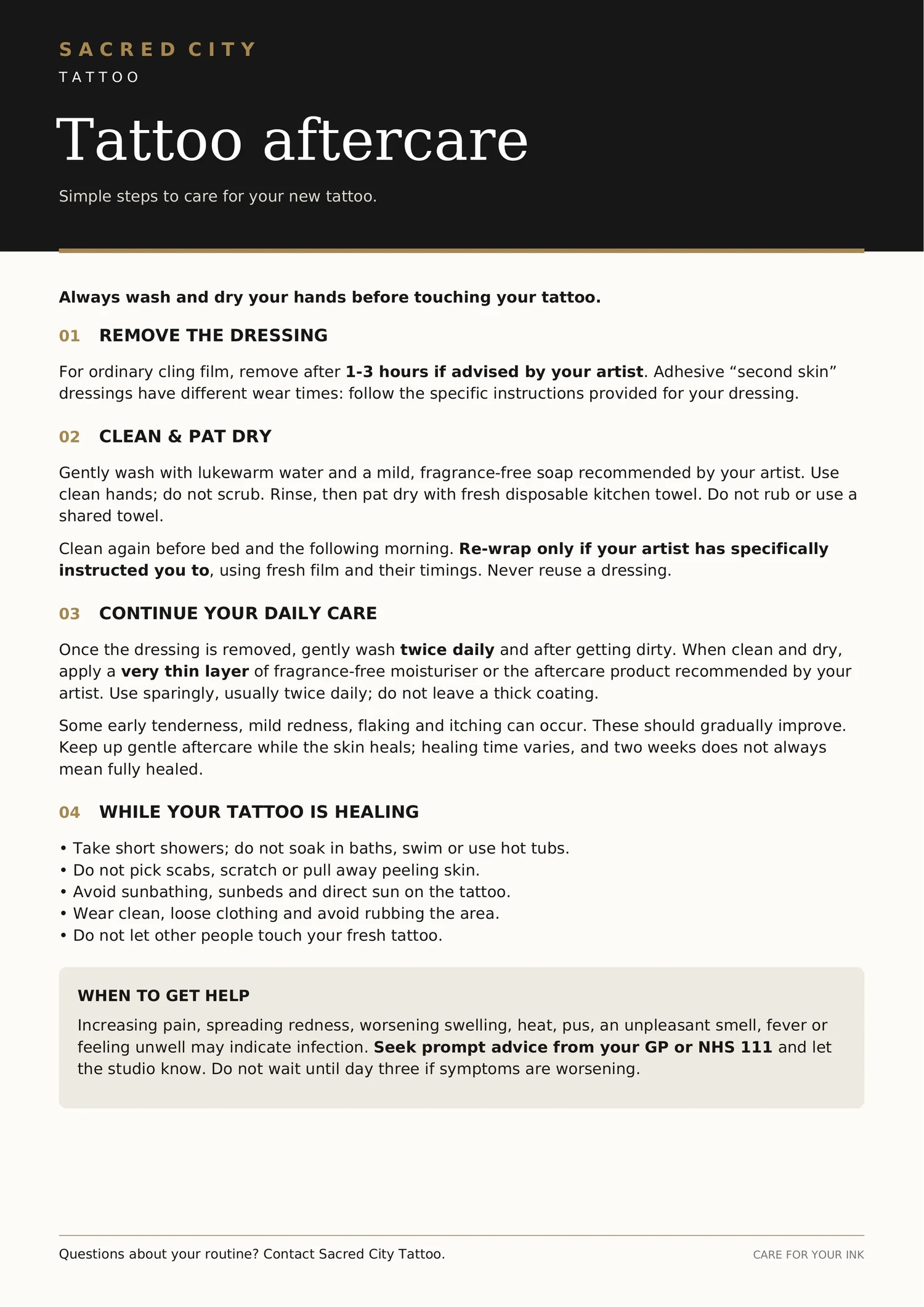 Original Sacred City Tattoo aftercare sheet. The full instructions are also written above.